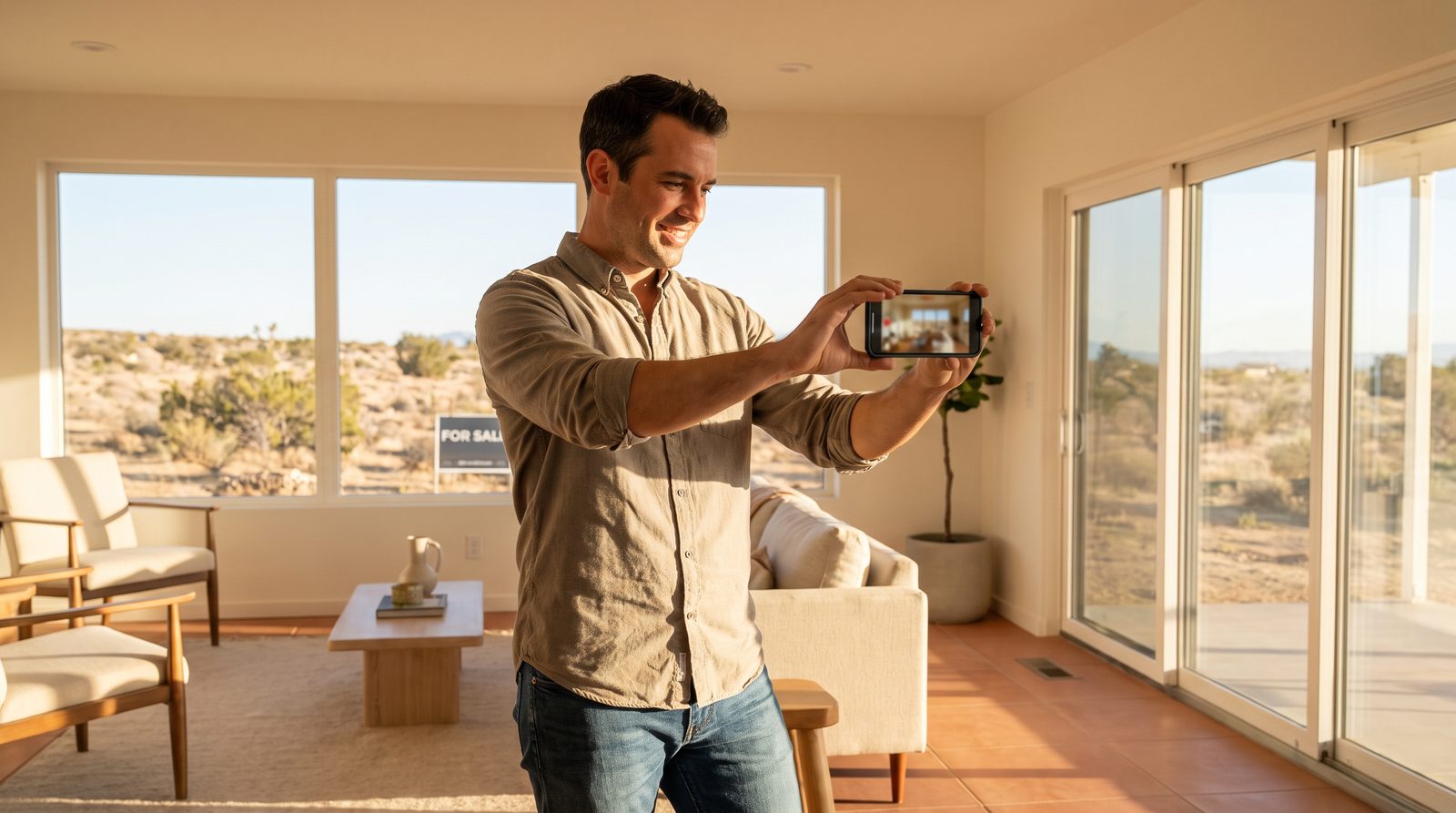 Asesor grabando el video-recorrido de una propiedad con su teléfono